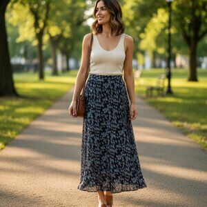 Vintage Casual Corner Abstract Print Maxi Skirt Navy Flowy Made in Korea Size 8